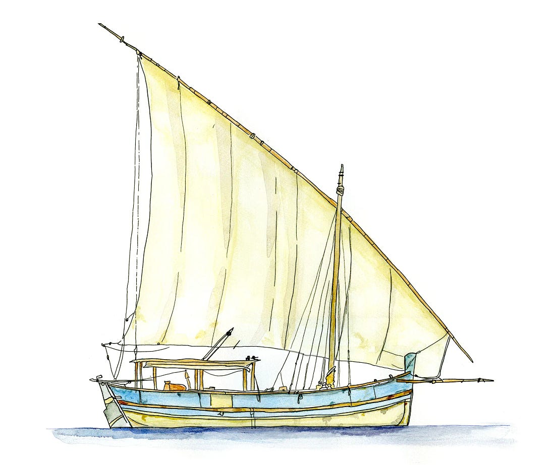 Ink and watercolor sketch of a single-sailed Sicilian felucca. Ink and watercolor sketch of a single-sailed Sicilian felucca.