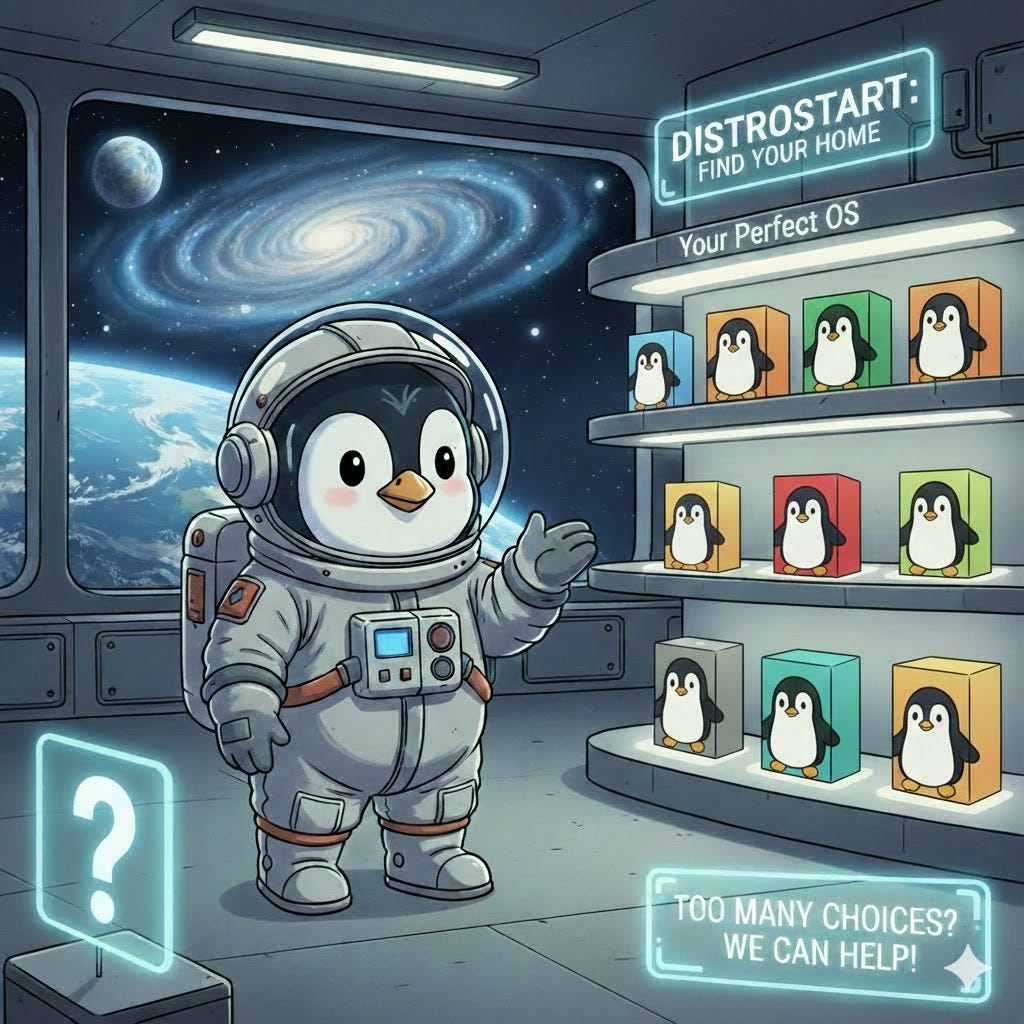 A cute penguin astronaut standing in a futuristic space station shop filled with colorful Linux distribution packages.