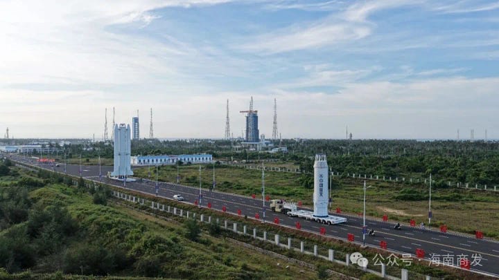 The first-stage, second-stage, and fairing for the Long March 8A heading to Commercial Launch Pad 1 at the end of June.