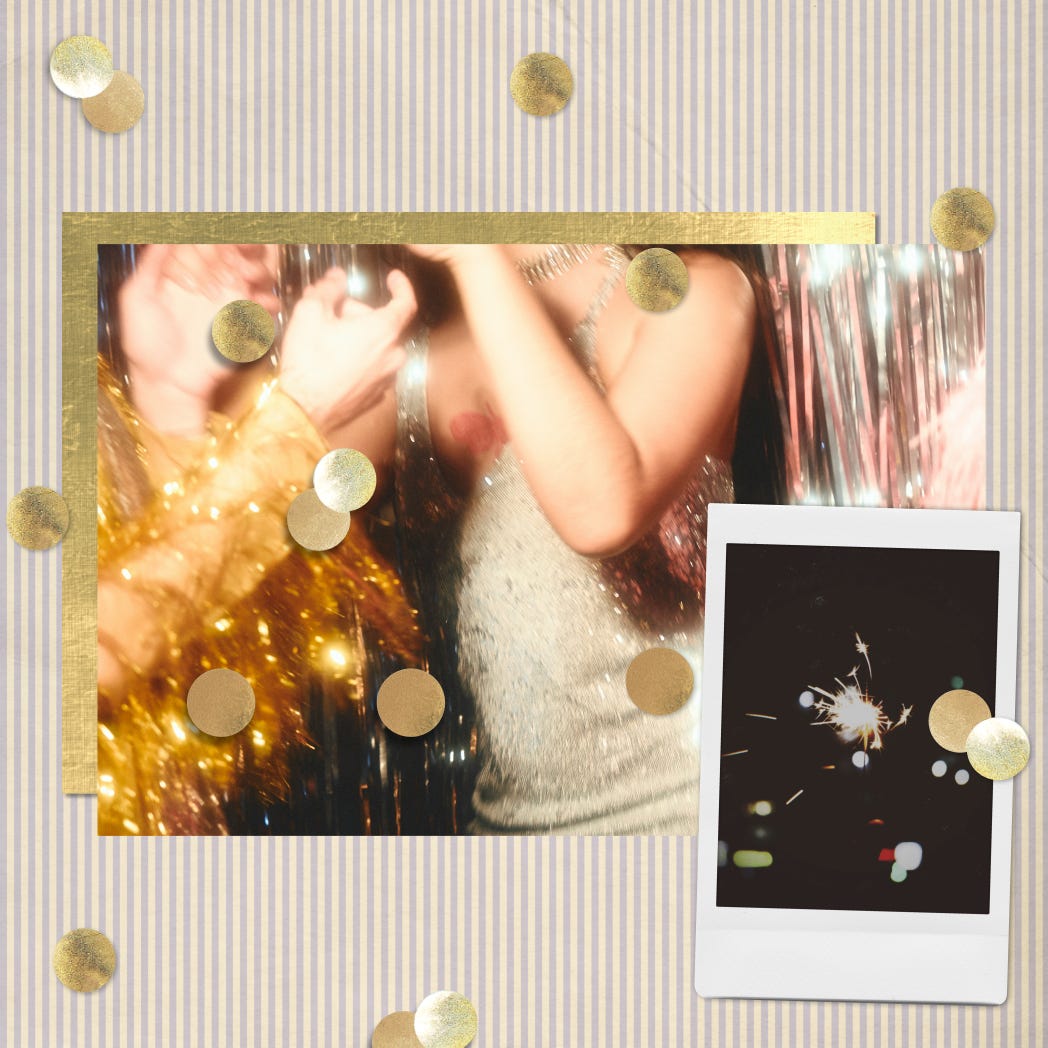 Festive collage of people dancing with confetti and a photo of a sparkler.