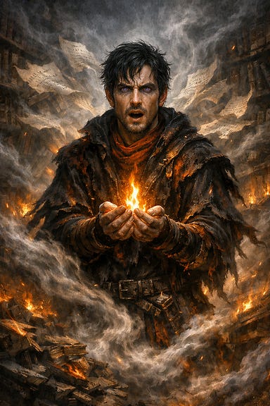 Felonious’ vision within the Mists — a haunted scholar standing in a burning, collapsing library as tomes turn to ash around him. His violet‑gray eyes reflect terror and wonder, ink‑black hair tousled, robes scorched and glowing with emberlight. In his trembling hands he cradles a single obedient flame amid the chaos. Behind him, spectral pages whirl like wings whispering forgotten incantations. The Mists coil through the shelves, devouring knowledge, while his expression remains defiant — the moment he claims mastery over the fire that sought to consume him.