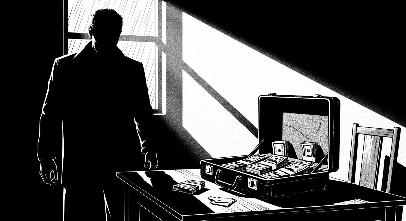 Frank Miller noir Silhouette of figure in shadows briefcase of money on table dramatic side lighting heavy contrast graphic novel style sin city aesthetic desperate atmosphere_image_1