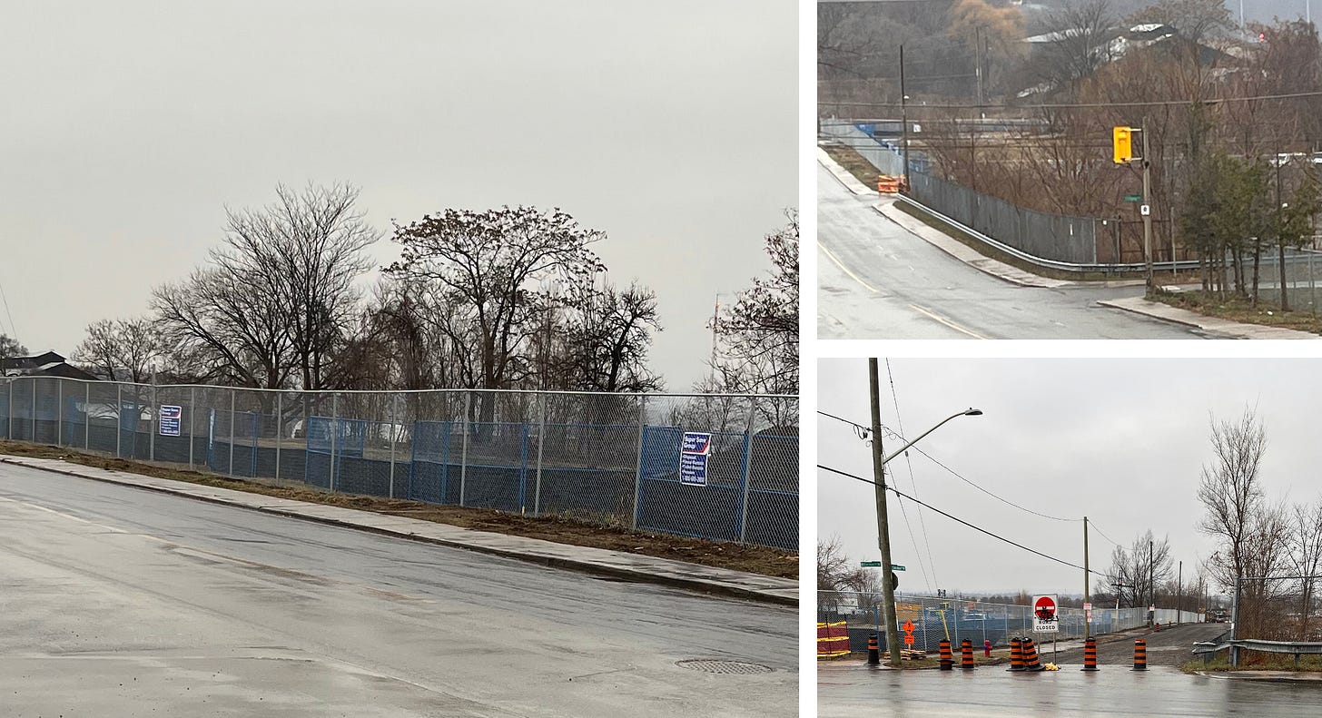 Three images of chain link fencing around the Tiffany Barton lands