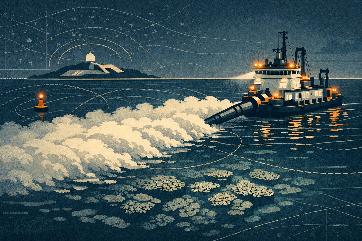 Flat, map-like illustration of a dark blue sea with chart lines and orange radar rings, showing a white patrol ship and small boats near a reef that has been built up into an artificial island with a runway and tower.