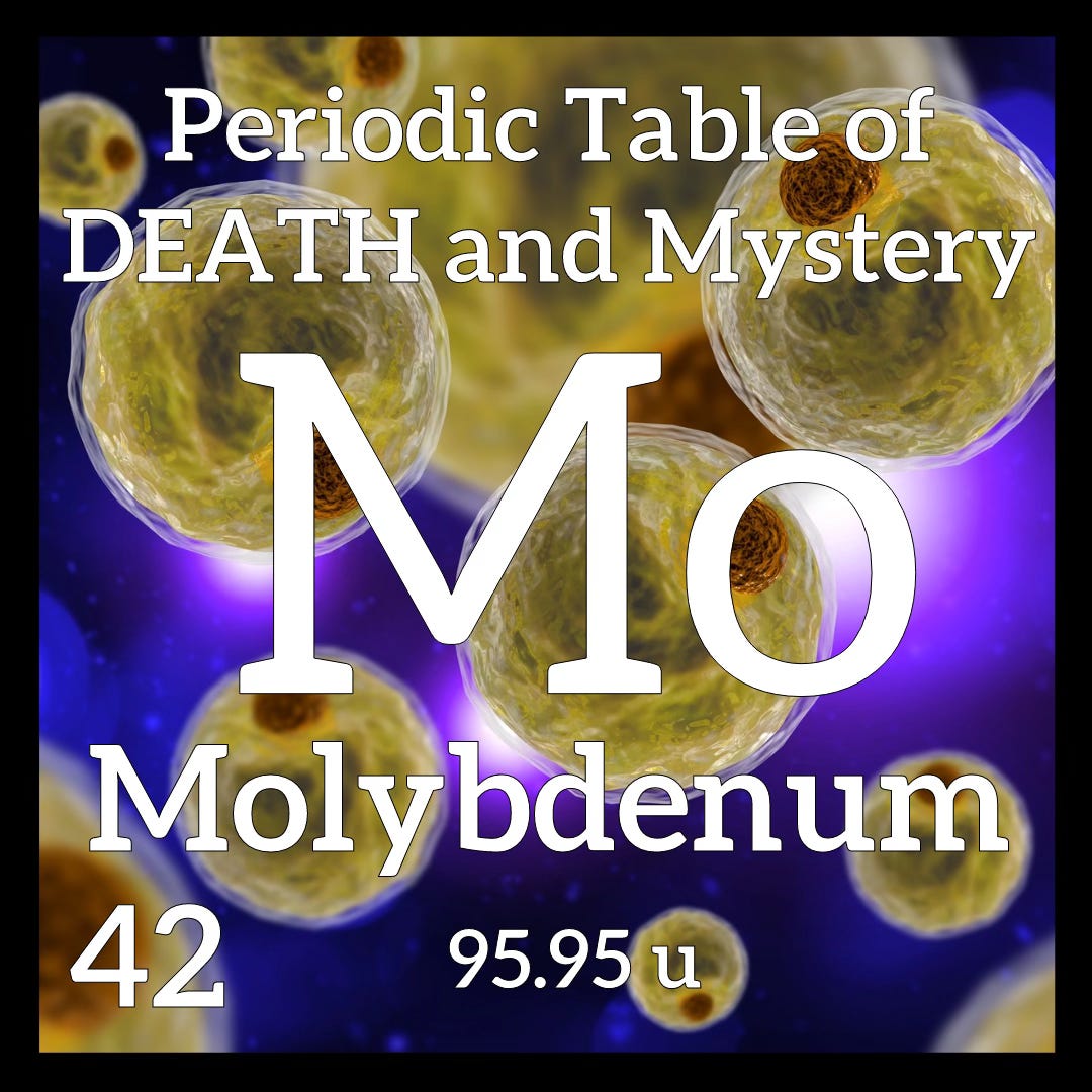 Periodic Table square for Molybdenum with a background of stylized fat cells in a purple light Periodic Table square for Molybdenum with a background of stylized fat cells in a purple light