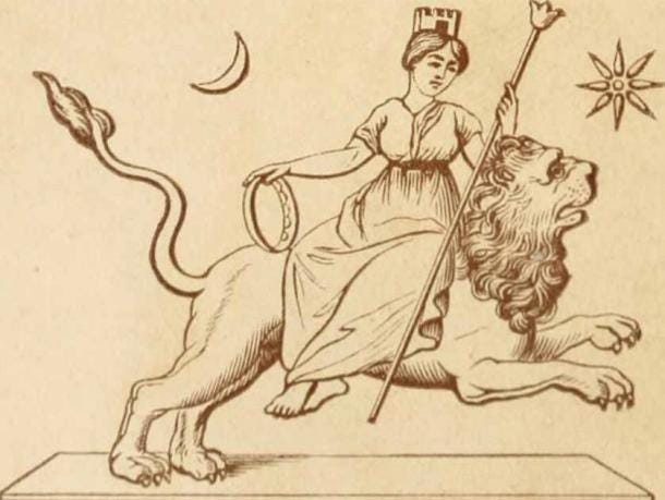 Depiction of Rhea riding a lion. (Public Domain)a woman rides on a lion Depiction of Rhea riding a lion. (Public Domain)a woman rides on a lion
