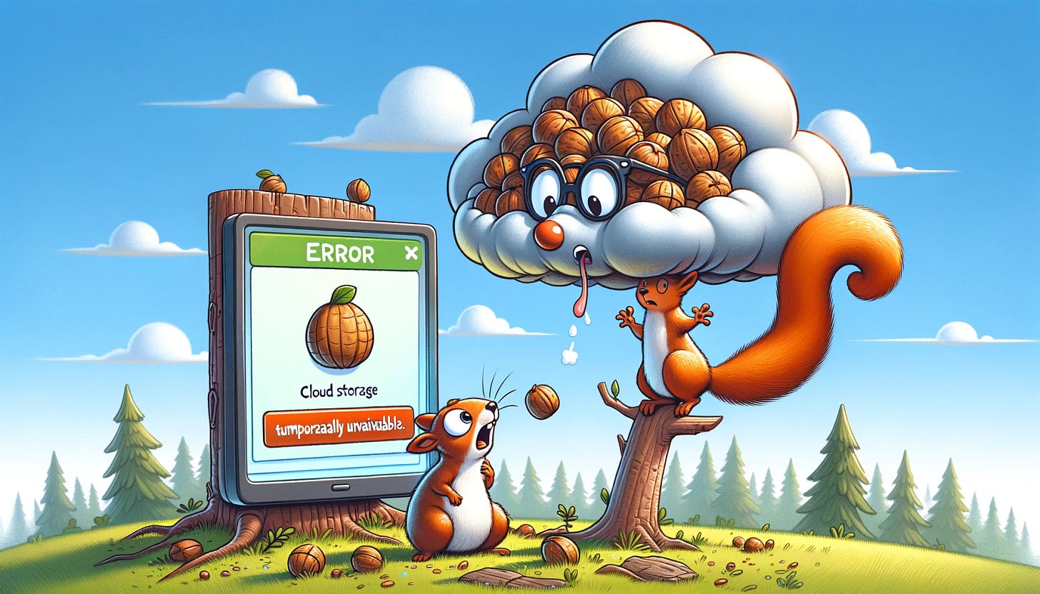 Squrrel with its head fused with a cloud and another squirrel looking on in horror. Image by DALL-E 3