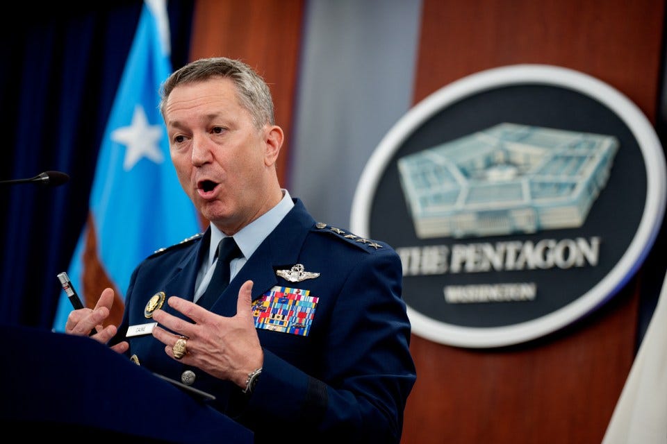 Air Force Gen. Dan Caine speaking at a Pentagon press conference.