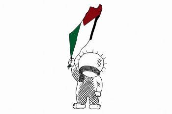 Painted Handala figure, holding in its left hand the outline of the State of Israel in the colors of the Palestinian flag.