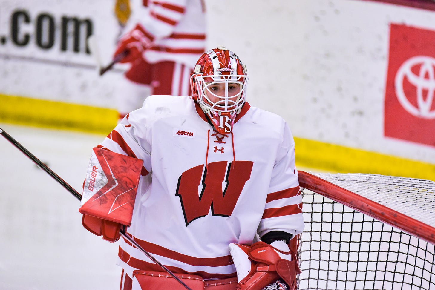 February 7, 2026: Wisconsin Badgers goaltender Rhyah Stewart warms up before a game against the No. 2 Ohio State Buckeyes. Photo credit: Aaron Frey, AMF Photography
