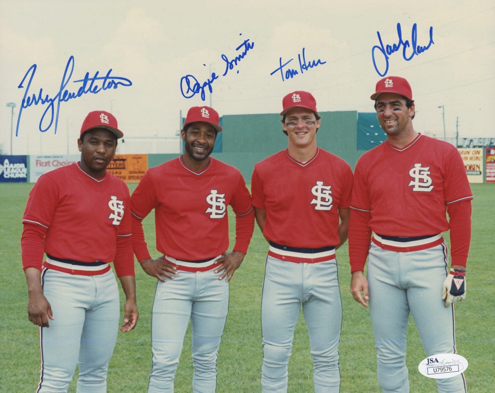 Ozzie Smith, Terry Pendleton, Tom Herr & Jack Clark Signed Cardinals 8x10 Photo (JSA COA) | Pristine Auction Ozzie Smith, Terry Pendleton, Tom Herr & Jack Clark Signed Cardinals 8x10 Photo (JSA COA) | Pristine Auction