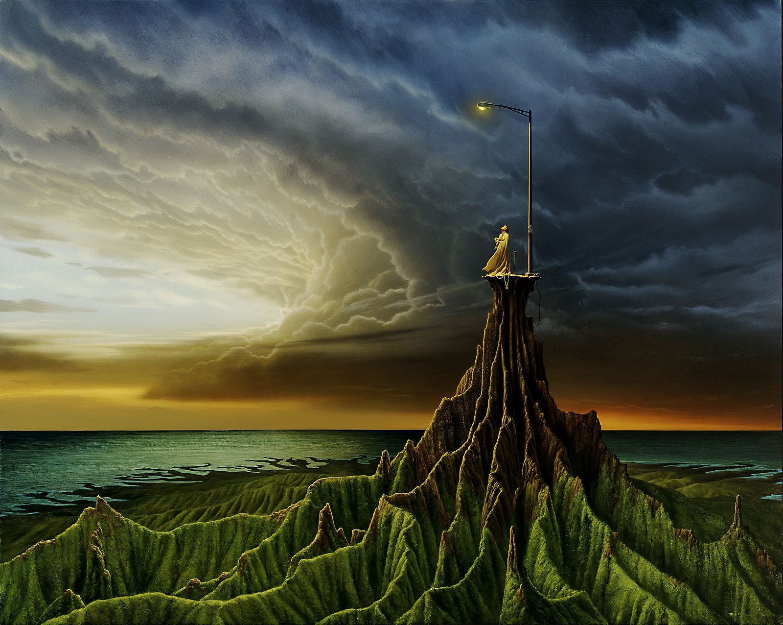 A solitary figure in white robes stands beneath a streetlight on an eroding cone of earth. In her hands she cradles the spiral of an ammonite fossil as she stares up at the yellow light. There is barely any platform left to stand on as the peak descends in thin winding ridges, bare rock at the peak but mossy and green at the base of the eroded mountain. A heart on a chain dangles off the edge. The sky beyond billows in violent potential with the horizon painted a gradient of pale to vibrant orange. Land parts to sea in fractal-like tendrils, receding to black water except where it glistens green from light filtering through the storm front's edge. A solitary figure in white robes stands beneath a streetlight on an eroding cone of earth. In her hands she cradles the spiral of an ammonite fossil as she stares up at the yellow light. There is barely any platform left to stand on as the peak descends in thin winding ridges, bare rock at the peak but mossy and green at the base of the eroded mountain. A heart on a chain dangles off the edge. The sky beyond billows in violent potential with the horizon painted a gradient of pale to vibrant orange. Land parts to sea in fractal-like tendrils, receding to black water except where it glistens green from light filtering through the storm front's edge.