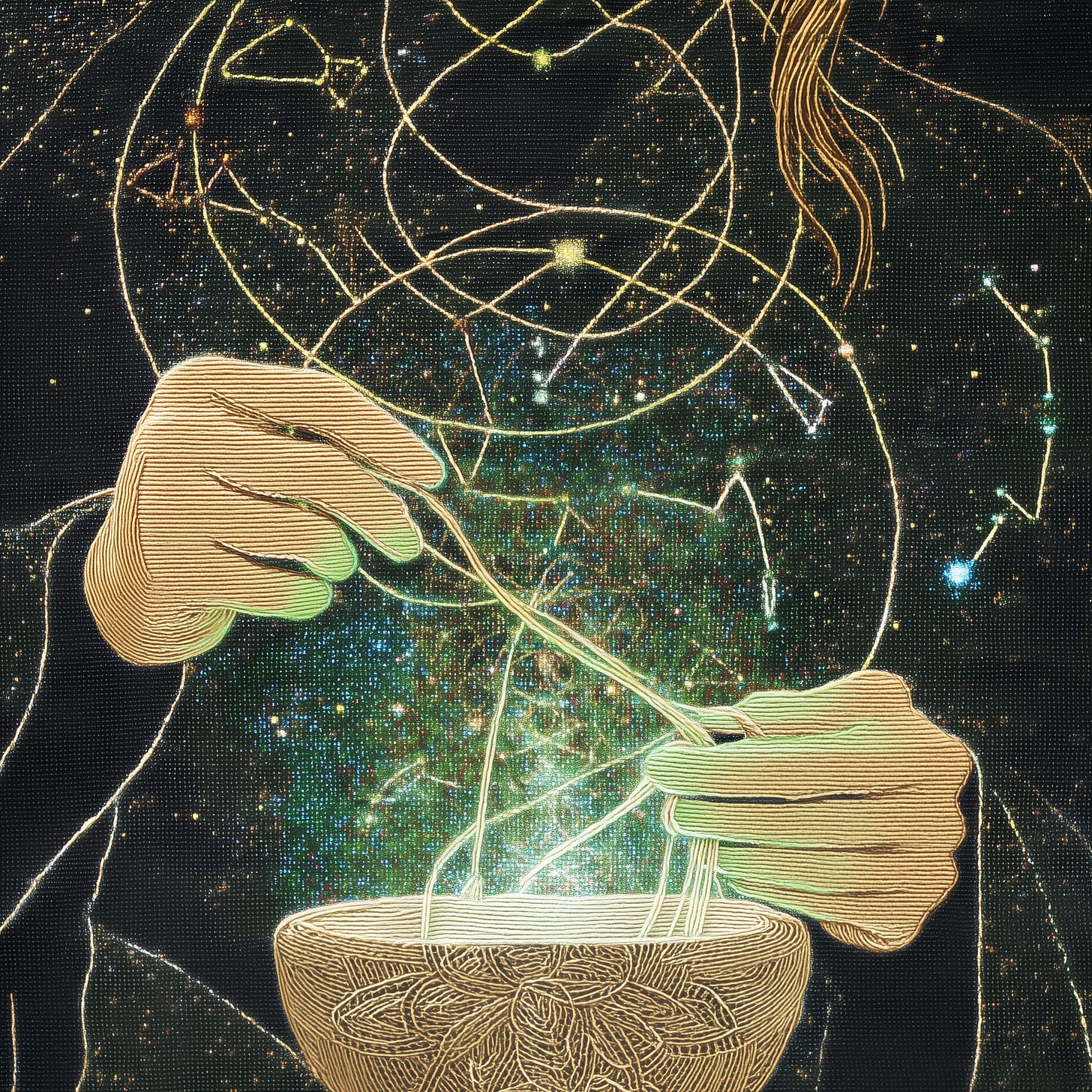 An ethereal hand weaving strands of light and shadow together, each thread representing a world, stars twinkling in the background, the loom a fractal pattern of sacred geometry.