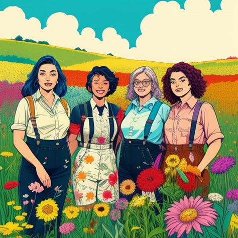 Cartoon, bold coloured drawn images of femmes in varying types of suspenders - mostly aprons and lederhosen like garments amidst bright backgrounds and flowers.
