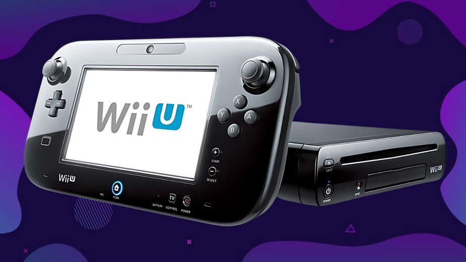 Wii U console and gamepad on a dark purple background with abstract shapes. The gamepad screen displays the "Wii U" logo.