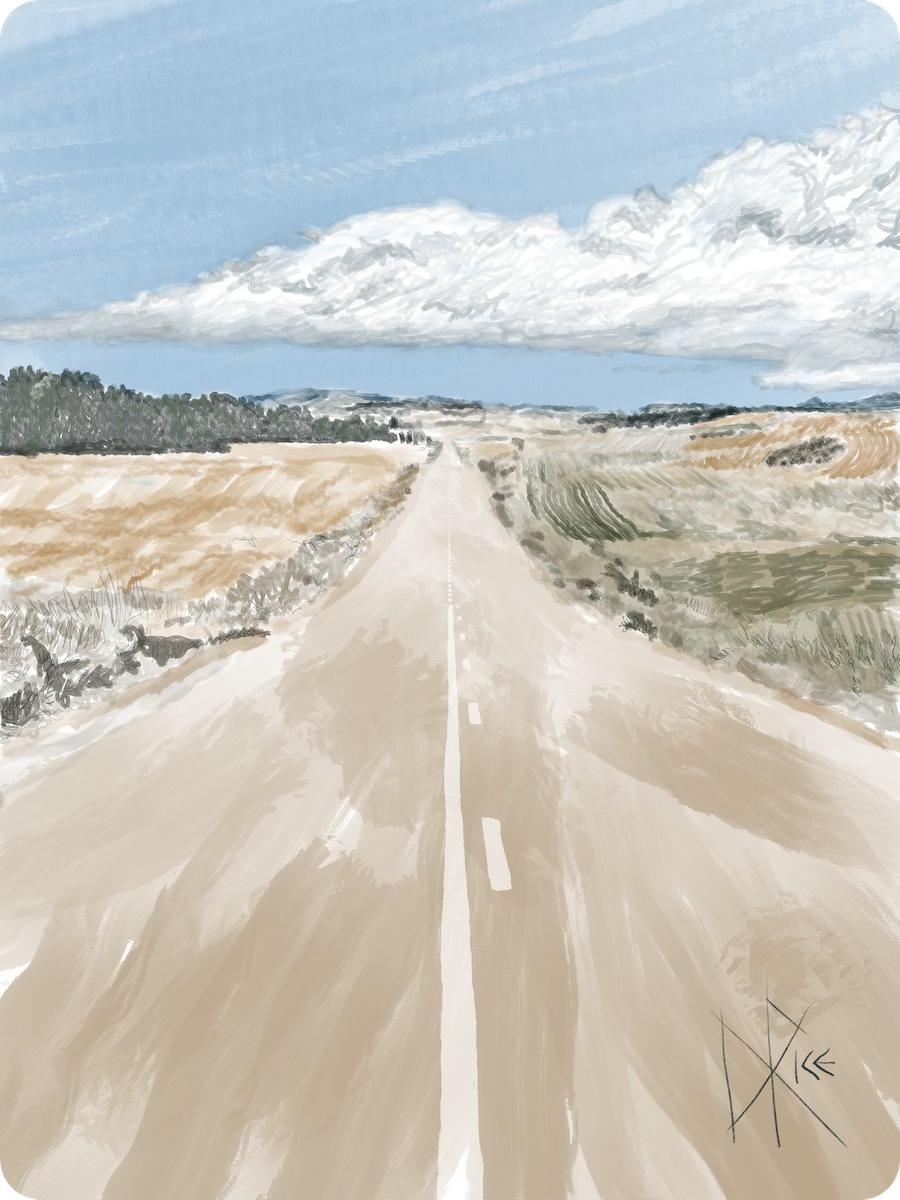 A road stretches into the distance with fields on either side, leading toward a horizon of hills below a partly cloudy sky. Sketch art by Don Rice.