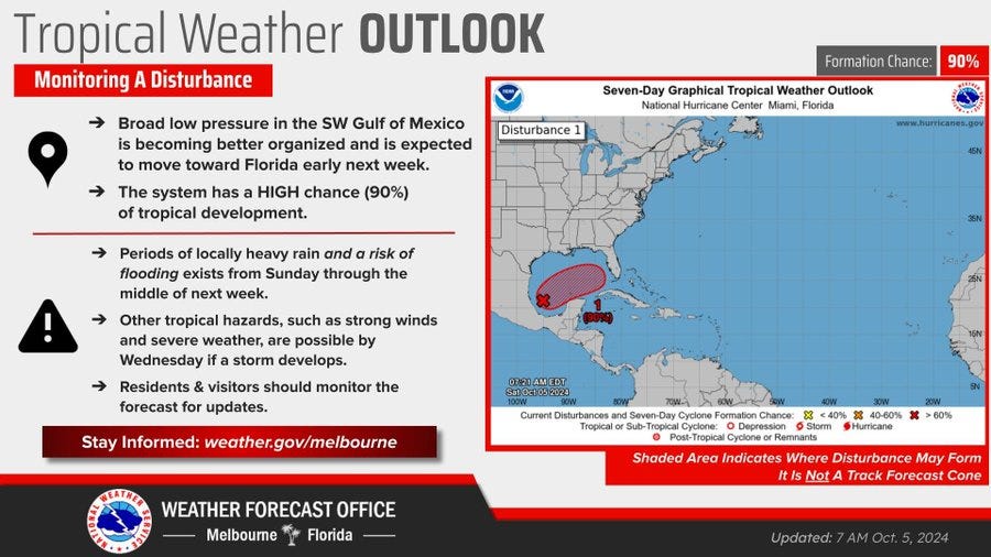 Periods of locally heavy rain and a risk of flooding exists from Sunday through the middle of next week.  Other tropical hazards, such as strong winds and severe weather, are possible by Wednesday if a storm develops. Residents and visitors should monitor the forecast for updates. 
