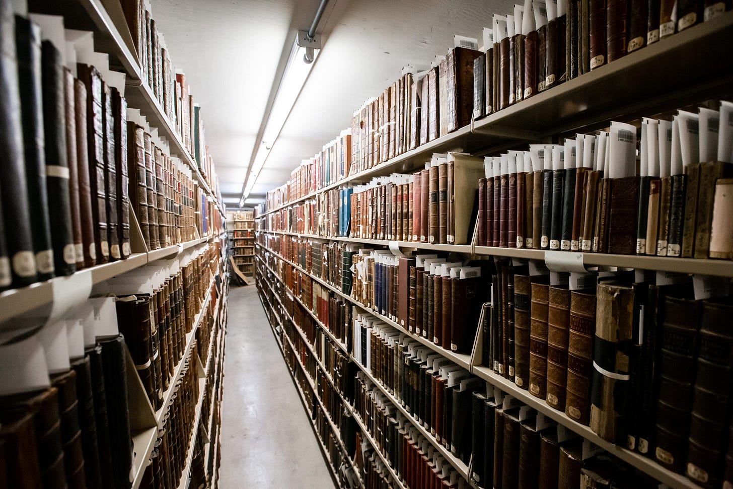 #descrevemospravocê  A imagem mostra um corredor estreito entre duas fileiras altas de estantes repletas de livros antigos. As prateleiras se estendem até o fundo da imagem, criando uma sensação de profundidade. Os livros têm capas grossas, muitas em tons escuros como marrom, vinho, preto e verde-oliva, com sinais de envelhecimento. Muitos exemplares possuem etiquetas na base da lombada e papéis brancos inseridos no alto, provavelmente para organização ou identificação. O chão é de cimento liso e o teto baixo tem iluminação fluorescente que percorre o corredor central, criando uma atmosfera de arquivo ou acervo histórico. Ao fundo, uma pessoa é vista parcialmente, de pé, observando os livros. A cena sugere um ambiente silencioso e reservado à preservação de obras raras ou de valor documental.