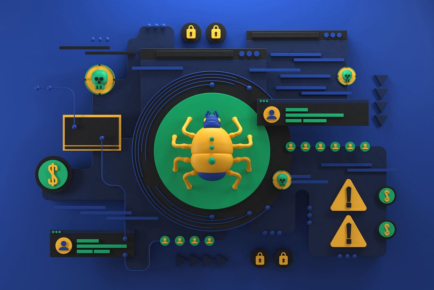 A collection of warning signs, bugs, and notifications emulating malware or a cyber attack. The images are placed in a connected web against a blue background. A collection of warning signs, bugs, and notifications emulating malware or a cyber attack. The images are placed in a connected web against a blue background.
