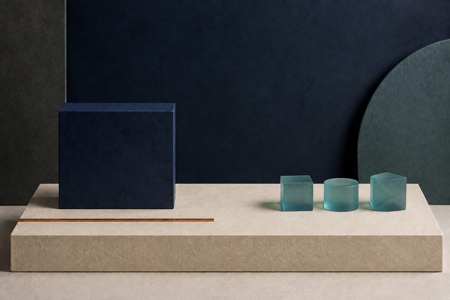 A solid navy block and three smaller translucent teal shapes stand on a cream plinth, separated by an open gap. A solid navy block and three smaller translucent teal shapes stand on a cream plinth, separated by an open gap.