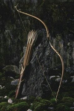 This may contain: a bow and arrow on the side of a rock