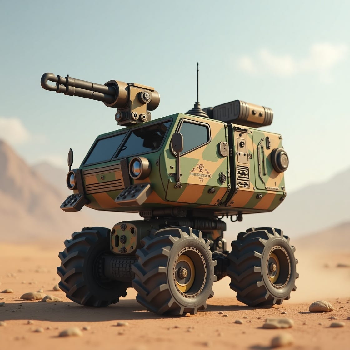 Create an image depictinmg these foloowing technolgies in Pakistan: Haider Karrar: Our first remote-controlled combat robot, developed by NRTC, can carry 500 rounds of ammo and target enemies 8 km away4.

Tim Tim: A friendly AI robot from Lahore’s startup Haprow that helps autistic kids communicate and learn8.

AI Robo-Vehicle: MUET students built a laser-armed robot to protect soldiers, aiming to make Pakistan the 5th country with this tech2.