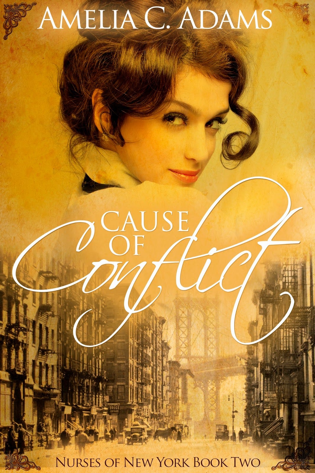 Book cover shows the smiling face of a young woman, and large buildings along a 19th-century street