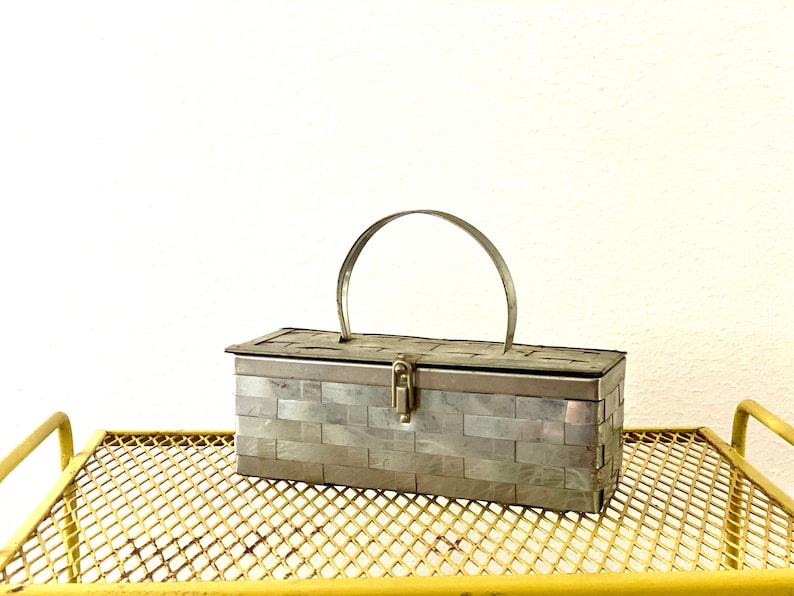 Vintage 1950s Silver Metal Basket Weave Purse by Dorset Rex. Mid Century Box Purse. image 1