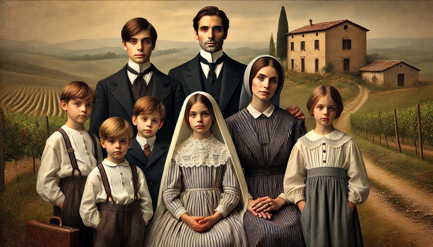 A conservative religious family from Italy, posed together in a realistic setting. The family includes a father, mother, and three children (two boys and one girl). The parents are dressed in traditional, modest clothing, with the father wearing a suit and the mother in a long dress with a headscarf. The children are also dressed modestly, with the boys in collared shirts and trousers, and the girl in a simple dress. They are standing in front of a picturesque Italian countryside, with a traditional stone house and rolling hills in the background. The family looks solemn and composed, reflecting their conservative values.
