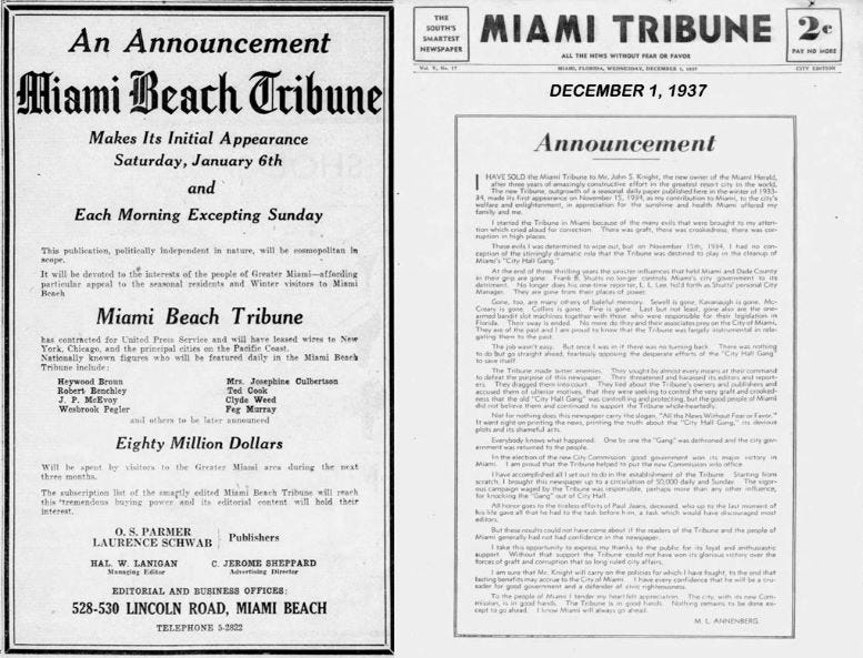 Dual announcements, the first on December 26, 1933 (left), and the second on the sale to the Miami Herald on December 1, 1937 (right). Dual announcements, the first on December 26, 1933 (left), and the second on the sale to the Miami Herald on December 1, 1937 (right).