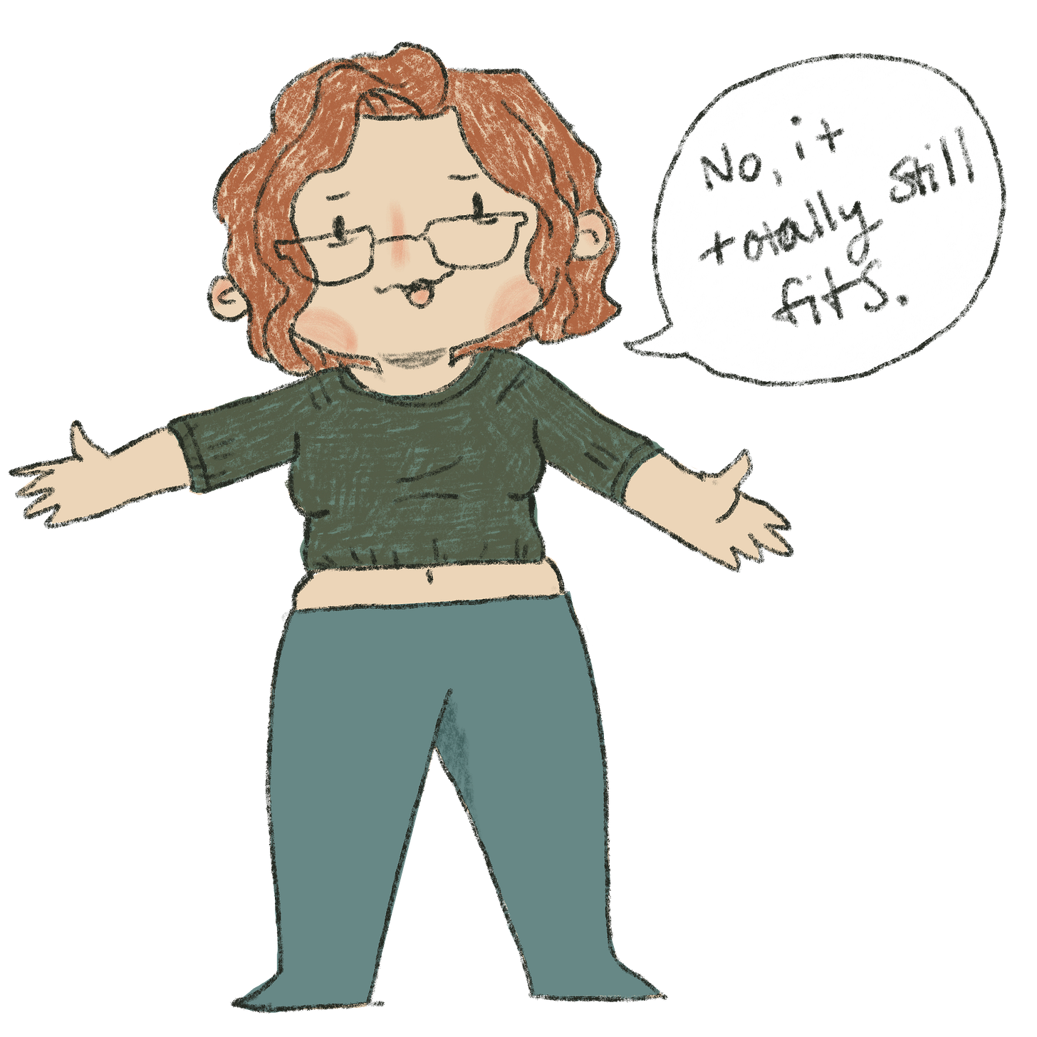 An image of younger Nicki with short red curls wearing a too tight sweater and saying "no, it still totally fits."