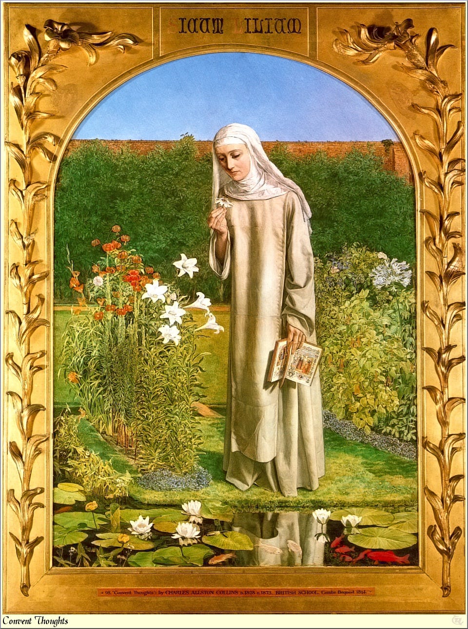 Nun in a walled garden holding a passion flower Nun in a walled garden holding a passion flower