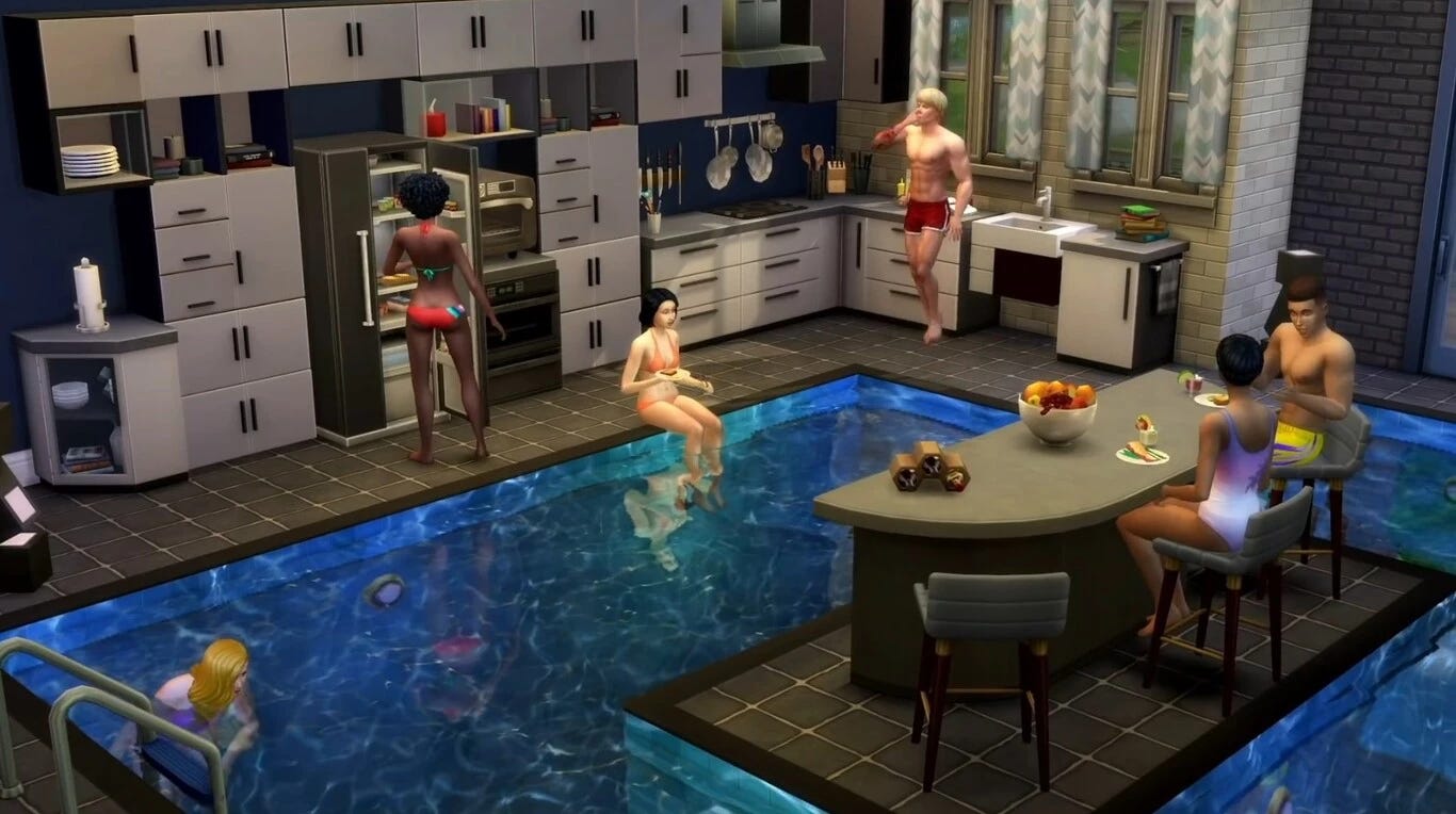 Una imatge del videojoc Sims 4, on es veu la piscina d'una casa que és també la cuina (?)
