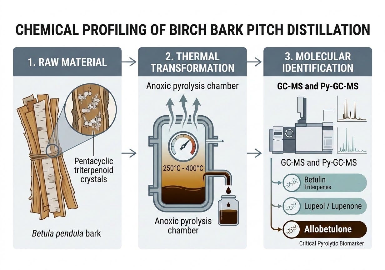 A detailed scientific infographic titled 'CHEMICAL PROFILING OF BIRCH BARK PITCH DISTILLATION'. The graphic illustrates a three-stage workflow: 1. RAW MATERIAL: Highlighting Betula pendula bark containing triterpenoid crystals. 2. THERMAL TRANSFORMATION: A central icon of an anoxic pyrolysis chamber with a temperature gauge set between 250°C and 400°C, showing the liberation of volatile gases and the collection of viscous tar distillate. 3. MOLECULAR IDENTIFICATION: A representation of GC-MS and Py-GC-MS analysis, leading to three diagnostic biomarker callouts: Betulin Triterpenes, Lupeol/Lupenone, and the critical pyrolytic biomarker Allobetulone. The design uses a clean academic aesthetic with a palette of slate gray, muted teal, and deep amber.