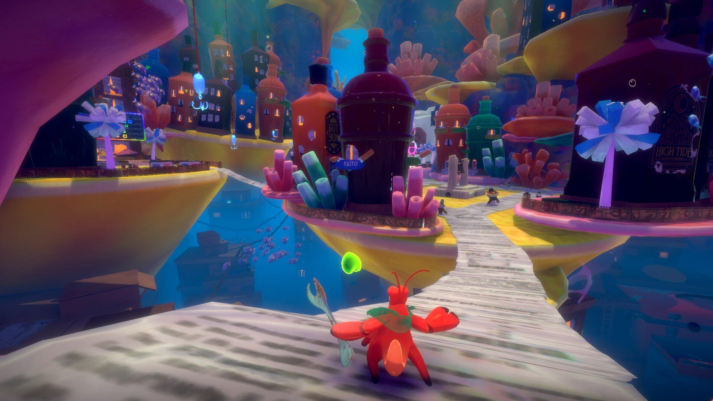 A hermit crab approaches an undersea city constructed of found objects, such as bottles.