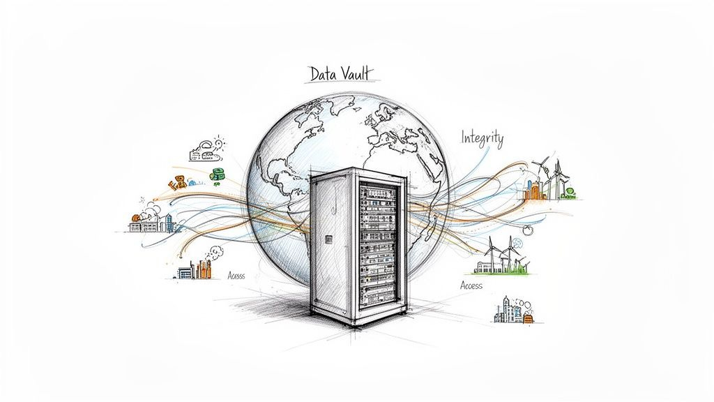 Sketch illustration of a global data vault server with diverse connected access points and data integrity.