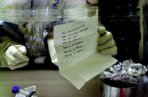 Laboratory technician holding an anthrax-laced letter sent to Senator Patrick Leahy. Laboratory technician holding an anthrax-laced letter sent to Senator Patrick Leahy.