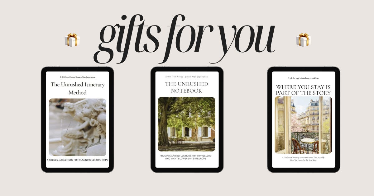 Three Close Circle gifts: The Unrushed Itinerary Method, The Unrushed Notebook, and Where You Stay Is Part of the Story, shown as e-guide covers on tablets.