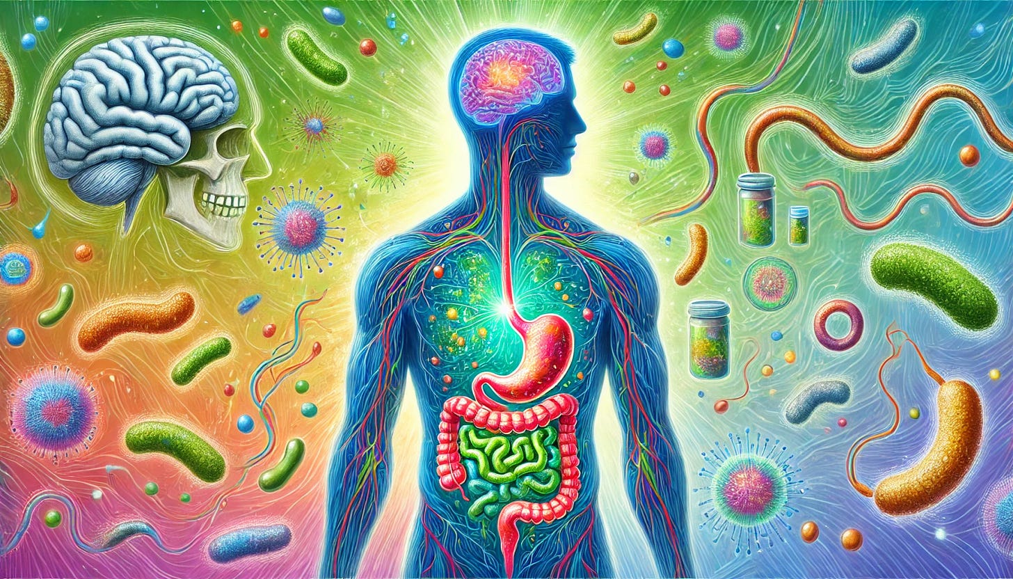 Illustration of a human male with his digestive system and nervous system on display, surrounded by colorful bacteria and microbes.