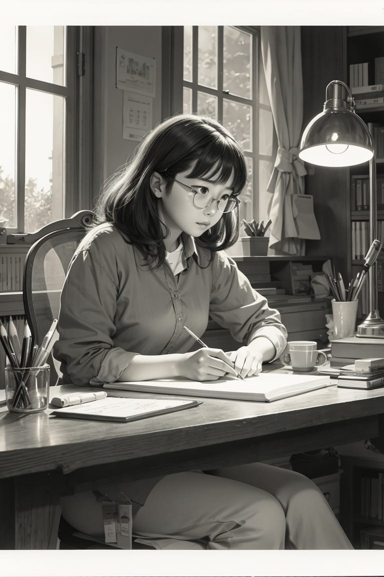 Girl holding a pencil and staring worriedly into the void.
