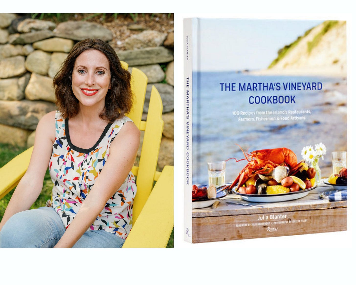 Author Julia Blanter and The Martha's Vineyard Cookbook cover