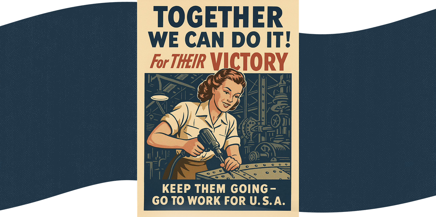 A modern take on a 1940s war propaganda poster showing a woman using a power drill. Text reads: “Together We Can Do It! For Their Victory. Go to work for U.S.A.”