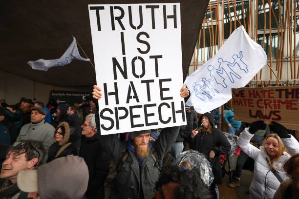 Protesters demonstrate outside the Scottish Parliament as Scotland’s Hate Crime Law comes into force on April 01, 2024 in Edinburgh, Scotland. The...