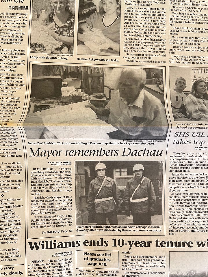 Pictures showed here from the Herald Democrat front page published on May 11, 1997. Mc Nelly Torres wrote a feature about Blue Ridge mayor who was also a WWII veteran and hero. 