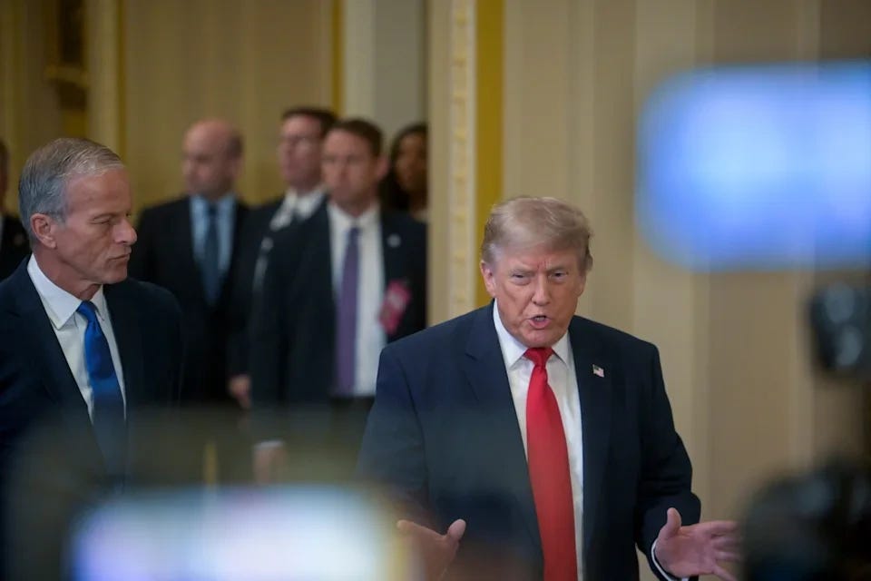 President Donald Trump, right, is joined by Senate Majority Leader John Thune, of S.D., left, as he arrives for the Senate Steering Committee Lunch at the U.S. Capitol, Wednesday, June 24, 2026, in Washington. (AP Photo/Rod Lamkey, Jr.)
