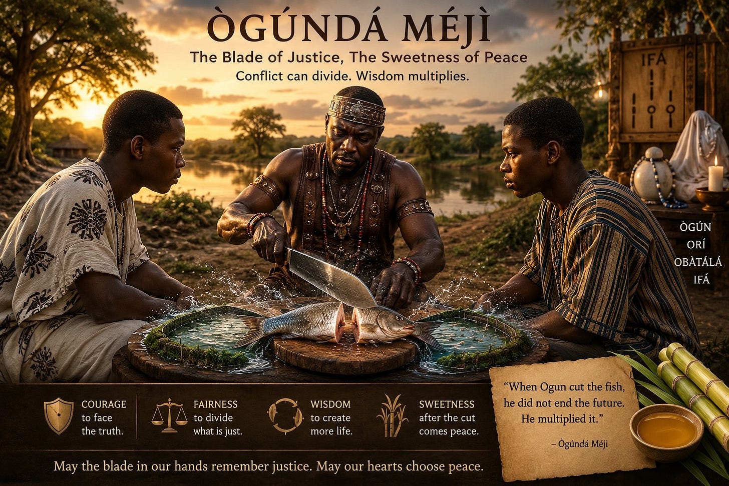 A symbolic bicolor illustration for Ògúndá Méjì showing a sacred blade cutting sugarcane, with cool water, fair division, and spiritual balance. A symbolic bicolor illustration for Ògúndá Méjì showing a sacred blade cutting sugarcane, with cool water, fair division, and spiritual balance.