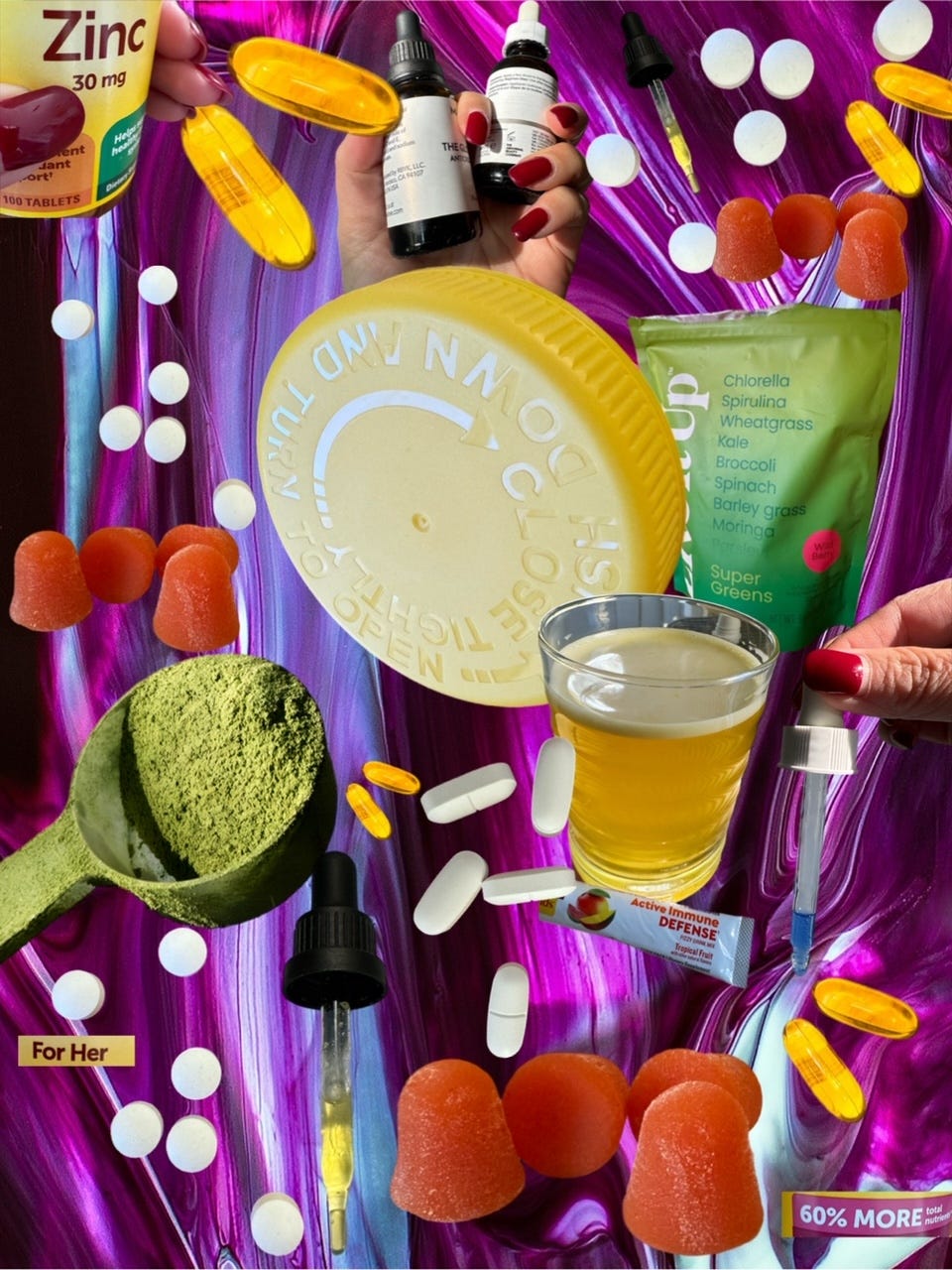 Collage of vitamins, gummies, pills, supergreens powder drink, face serums, pill bottle caps over a purple abstract paint background