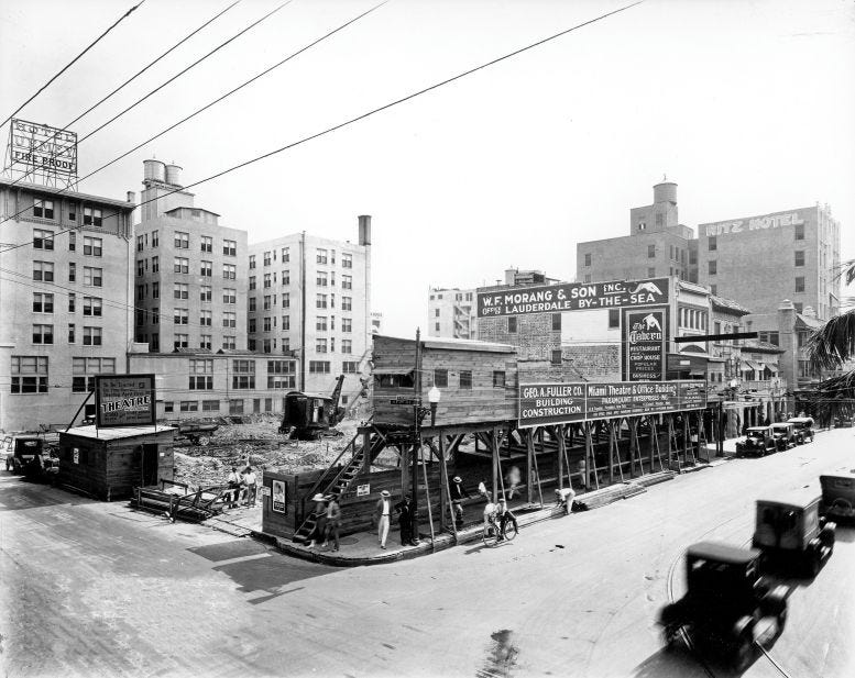 Miami Theater & Office Building under construction on May 1, 1925. The building would later be renamed the Olympia Theater & Office Building. Courtesy of Florida State Archives.