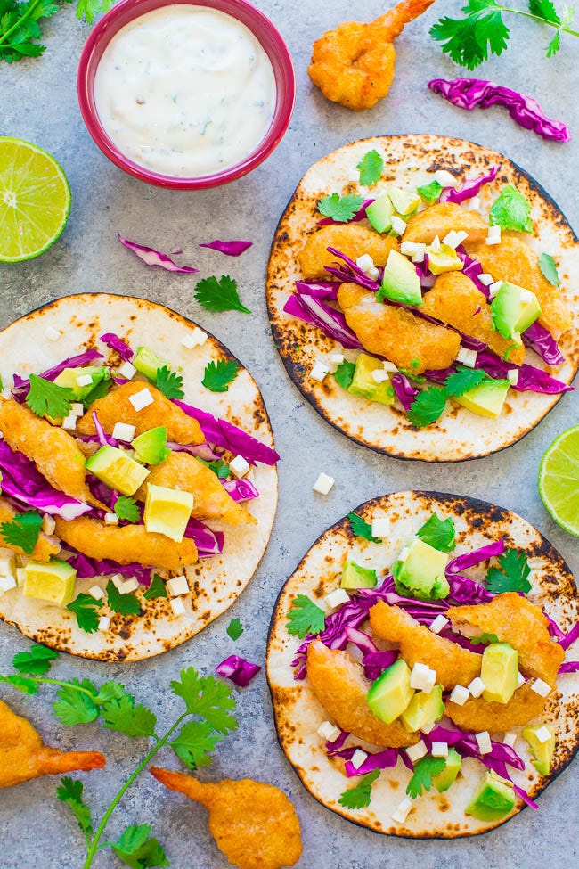 Beer Battered Shrimp Tacos with Lime Crema