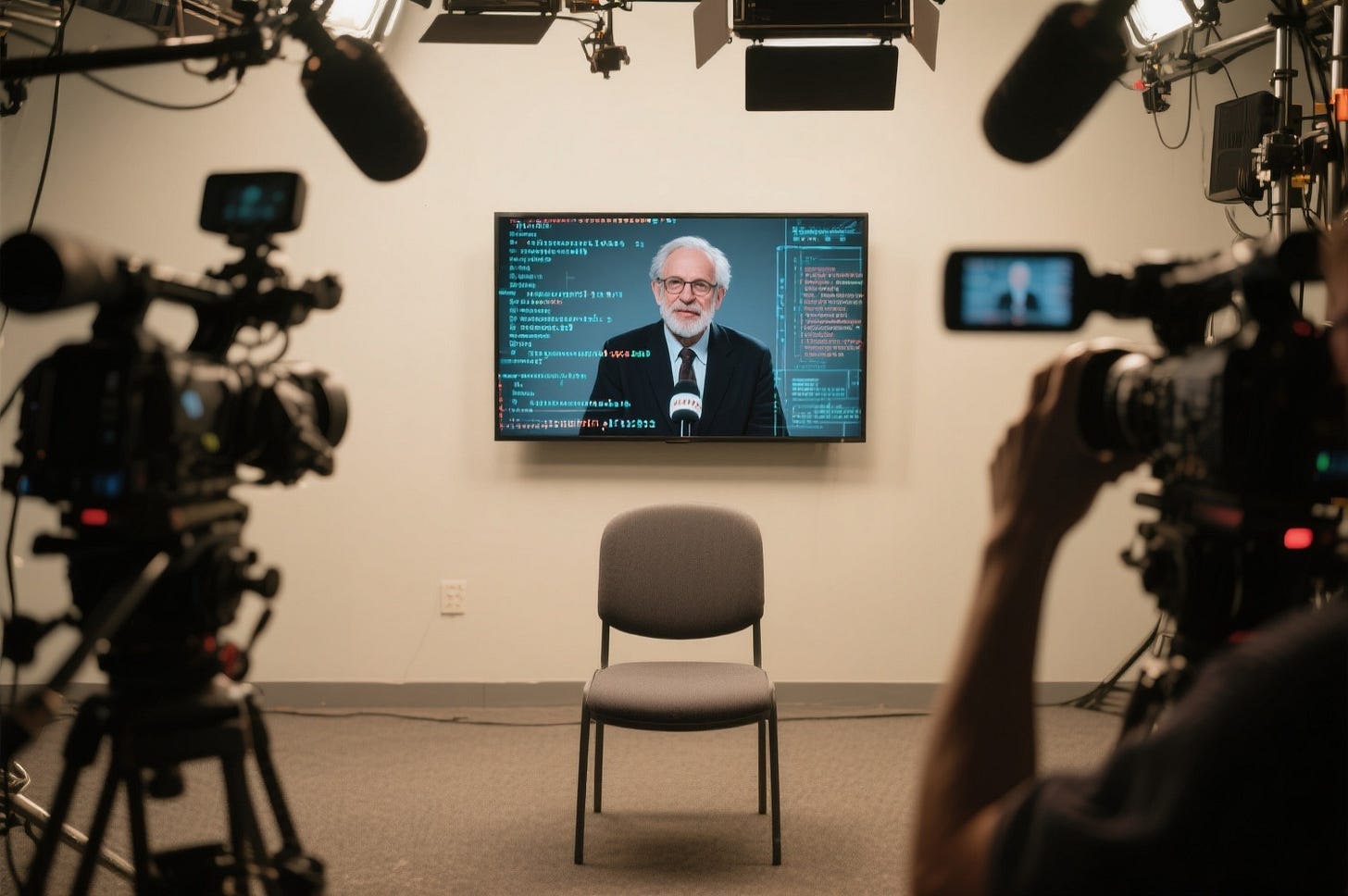 A TV studio setup with cameras pointing at an empty chair, while a monitor shows a deepfake interview with a fictional professor surrounded by digital code overlays. A TV studio setup with cameras pointing at an empty chair, while a monitor shows a deepfake interview with a fictional professor surrounded by digital code overlays.